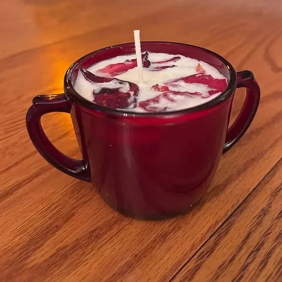 VTG ROYAL RUBY ANCHOR HOCKING SUGAR BOWL- HANDMADE VANILLA ROSE PETAL SOY CANDLE - Picture 2 of 3